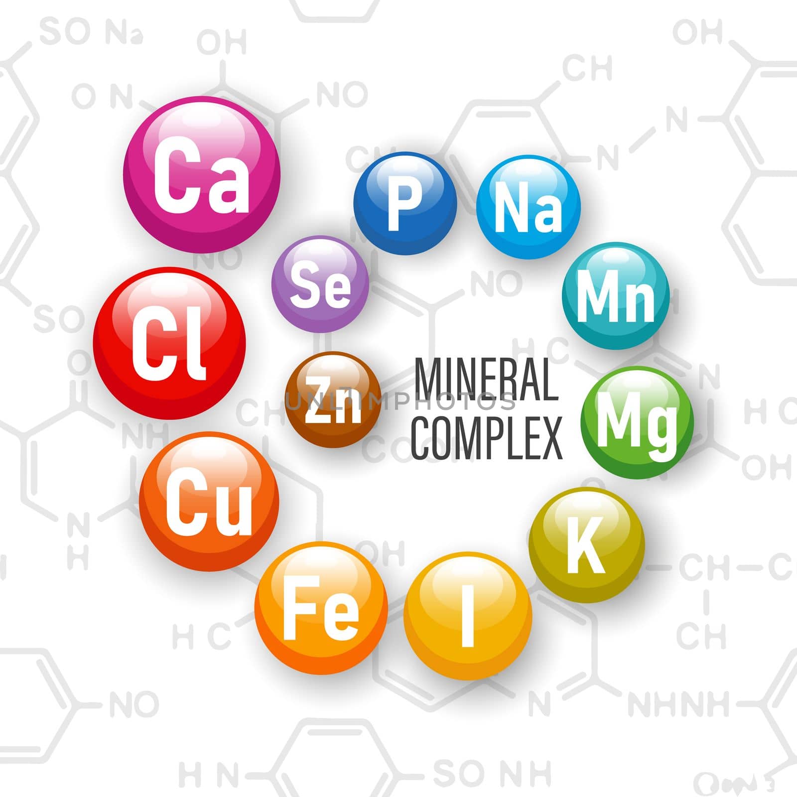 Healthy nutrition mineral complex.Illustration of mineral icons on the background of chemical formulas. The concept of medicine and healthcare.