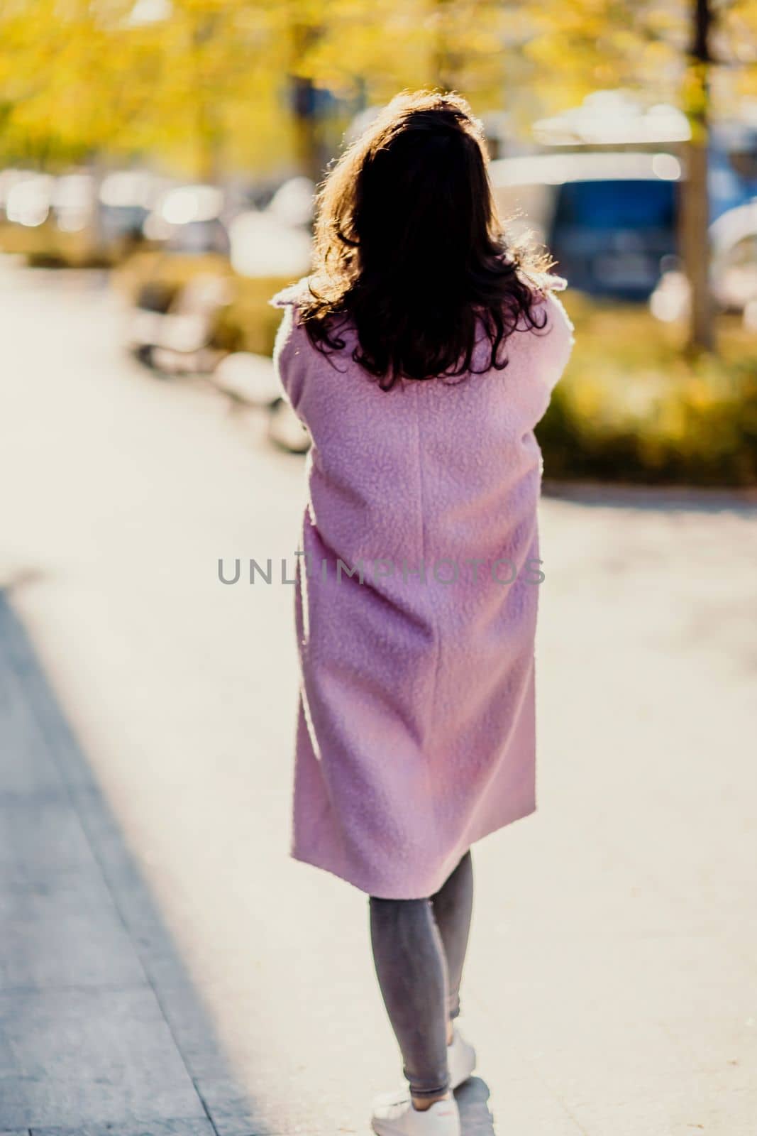 Woman autumn city. A woman in a pink faux fur coat posing on a city street in autumn on a sunny day. Trees with yellow foliage along the street