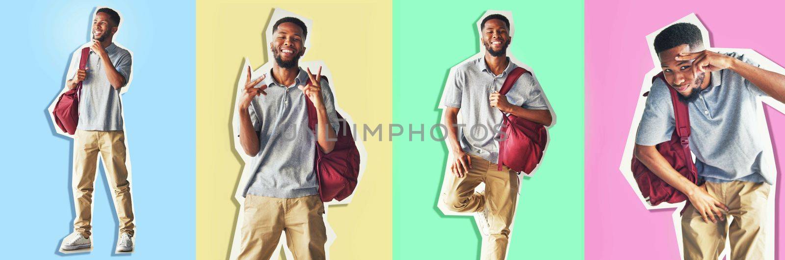 Collage, series and education with a black man student on different color background for back to school marketing. Advertising, study and learning with a cutout of a male university or college pupil by YuriArcurs