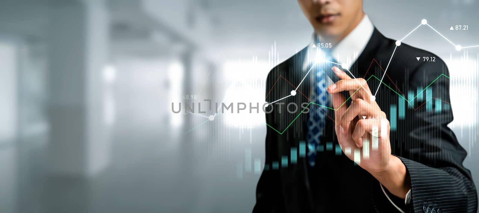 Businessman analyst working with digital finance business data graph showing technology of investment strategy for perceptive financial business decision. Digital economic analysis technology concept.