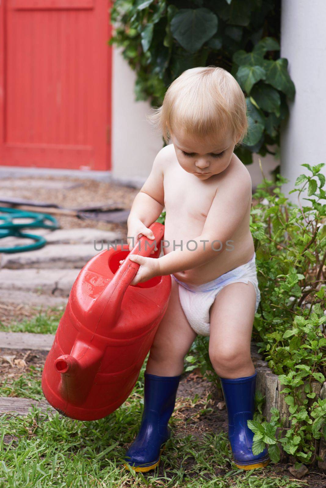 Curious about how nature works. An adorable baby boy watering the garden