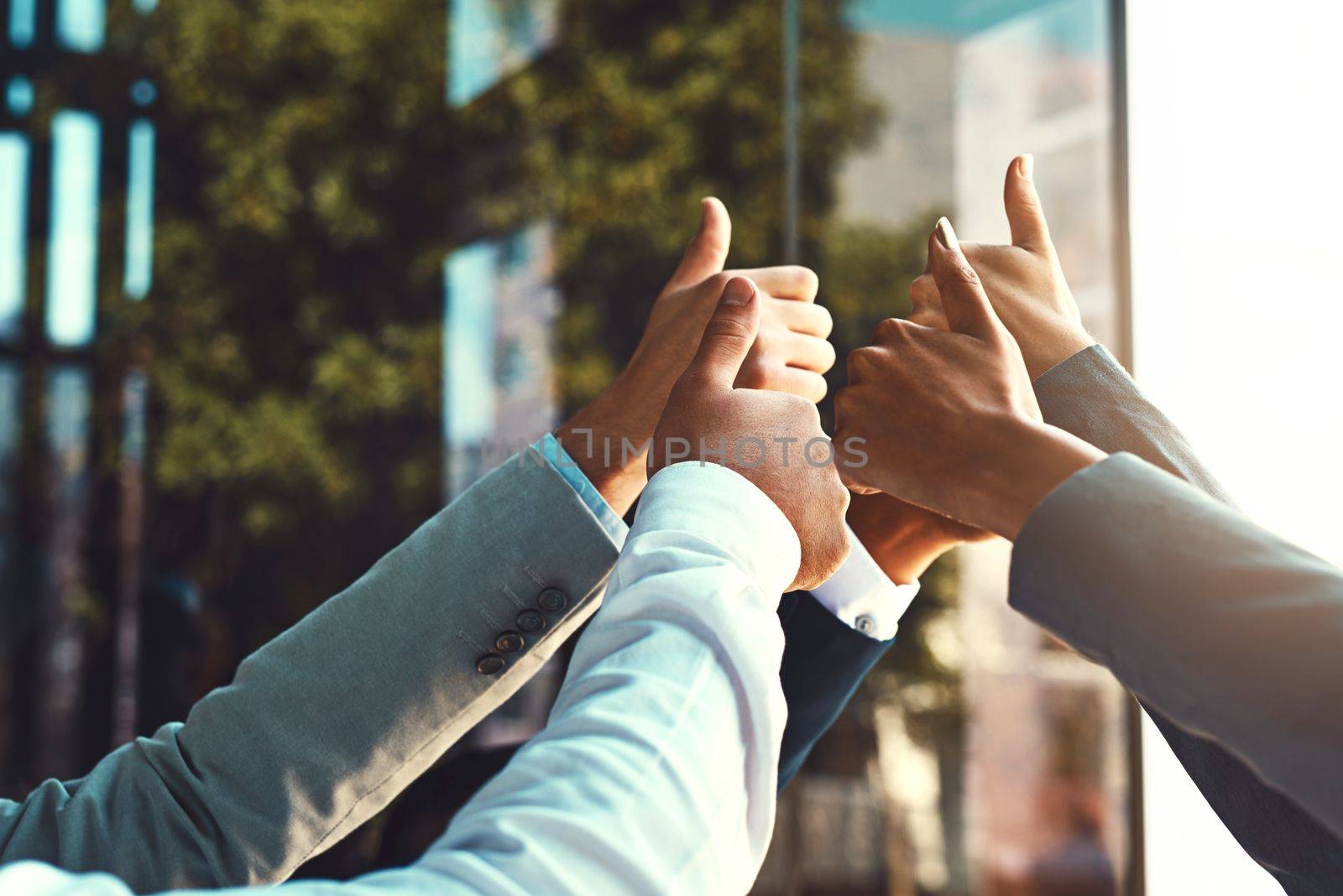 Lets give it our all. a group of businesspeople showing a thumbs up gesture. by YuriArcurs