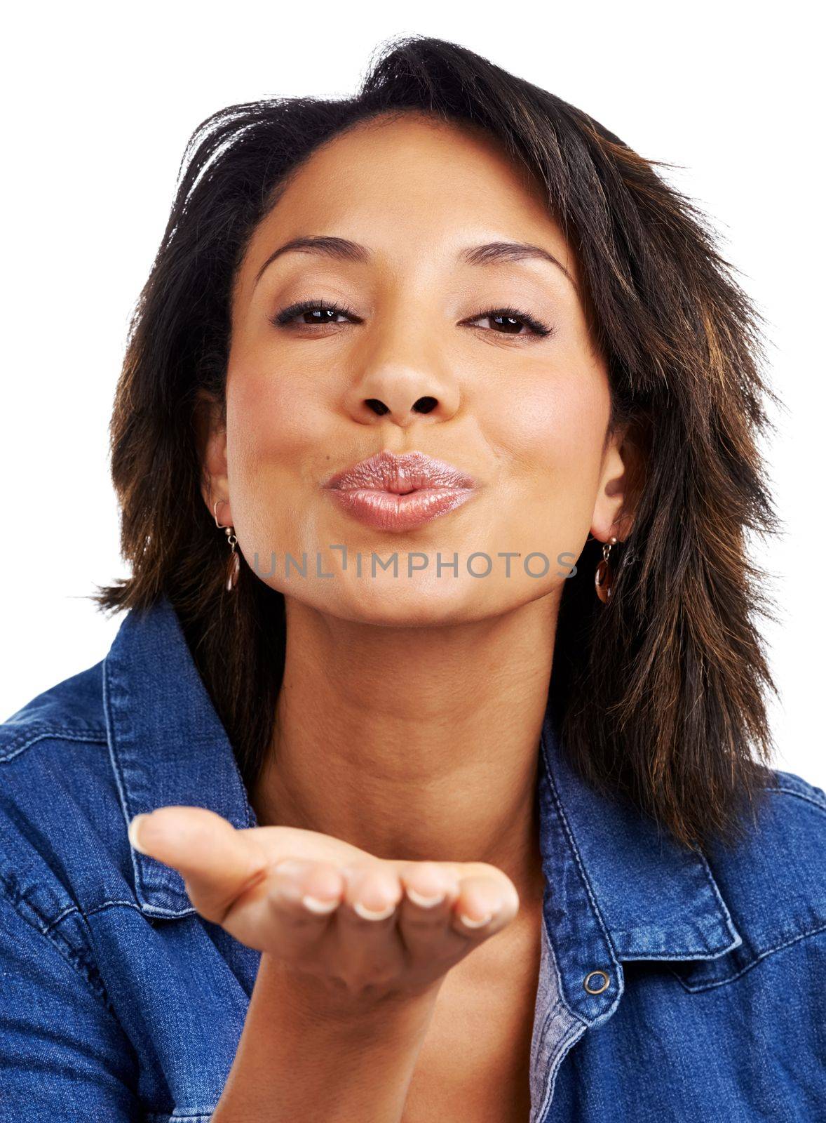 Black woman, portrait or blowing kiss on isolated white background in love, care or romance gesture. Happy smile, model or hand kisses on mockup studio backdrop in flirty facial expression or emoji.