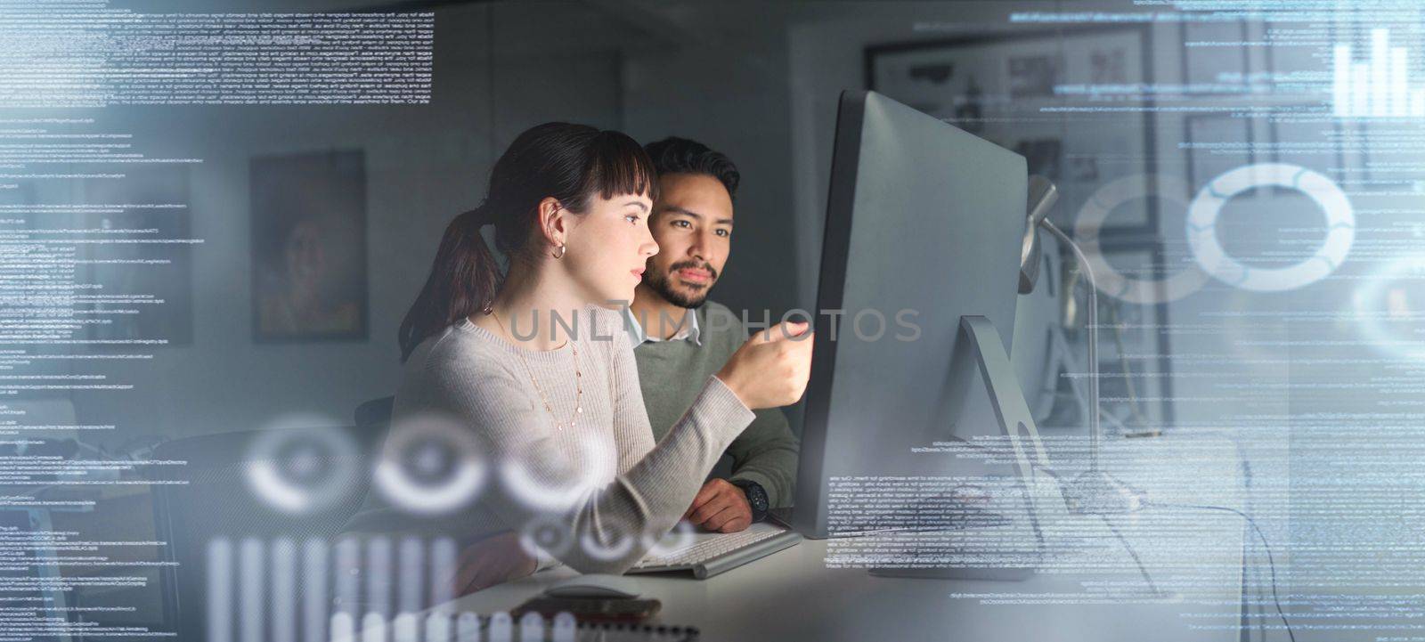 Information technology, computer hologram and people stock market research, statistics and graph or chart analysis. Trading, digital overlay or software of team work, fintech data analytics at night by YuriArcurs