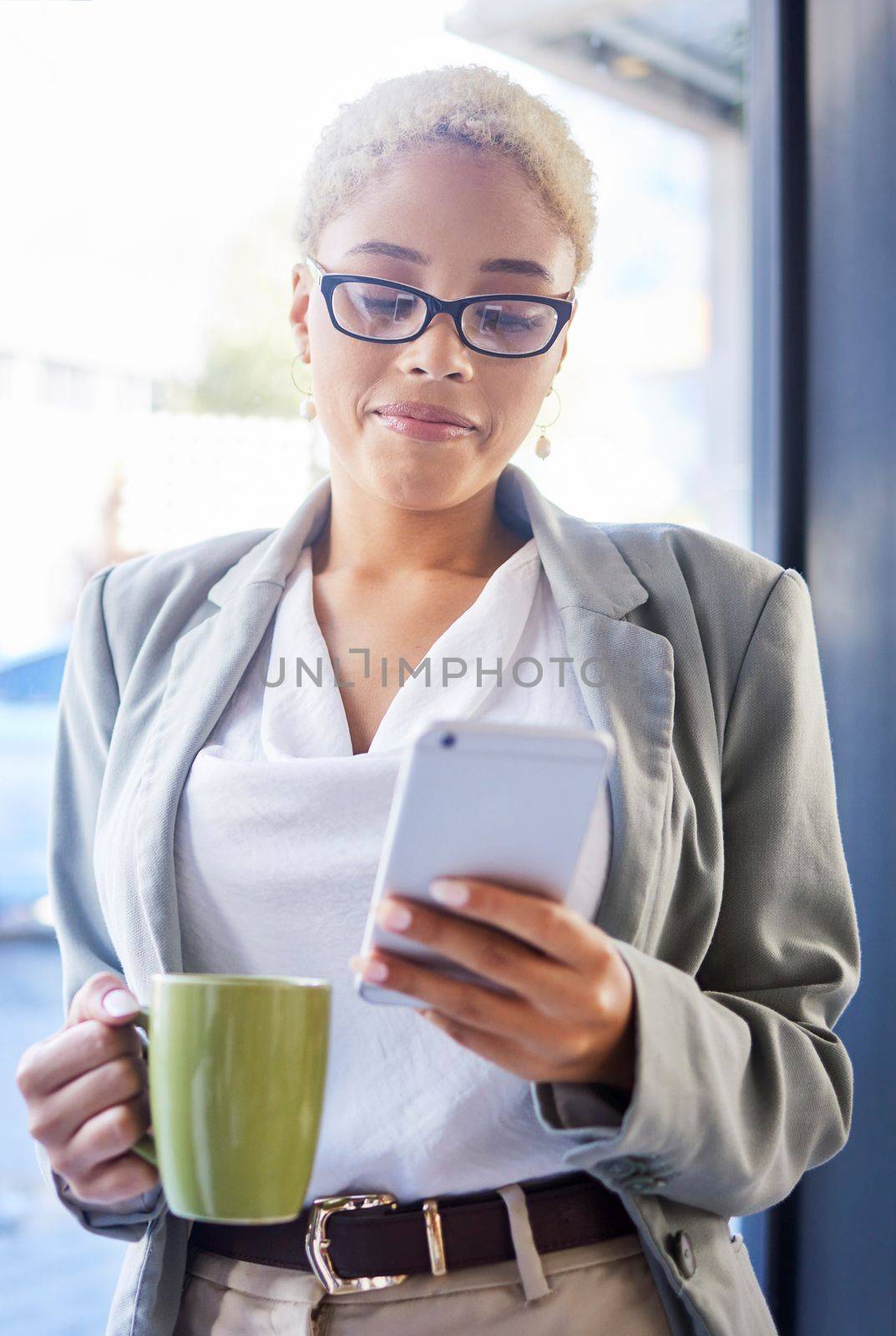 Business, coffee and black woman with smartphone, fintech and typing for social media, communication and office. Jamaican female employee, entrepreneur and leader with cellphone, text and connection by YuriArcurs