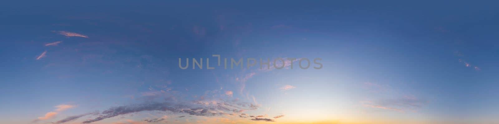 Dark blue sunset sky panorama with pink Cumulus clouds. Seamless hdr 360 pano in spherical equirectangular format. Full zenith for 3D visualization, game, sky replacement for aerial drone panoramas