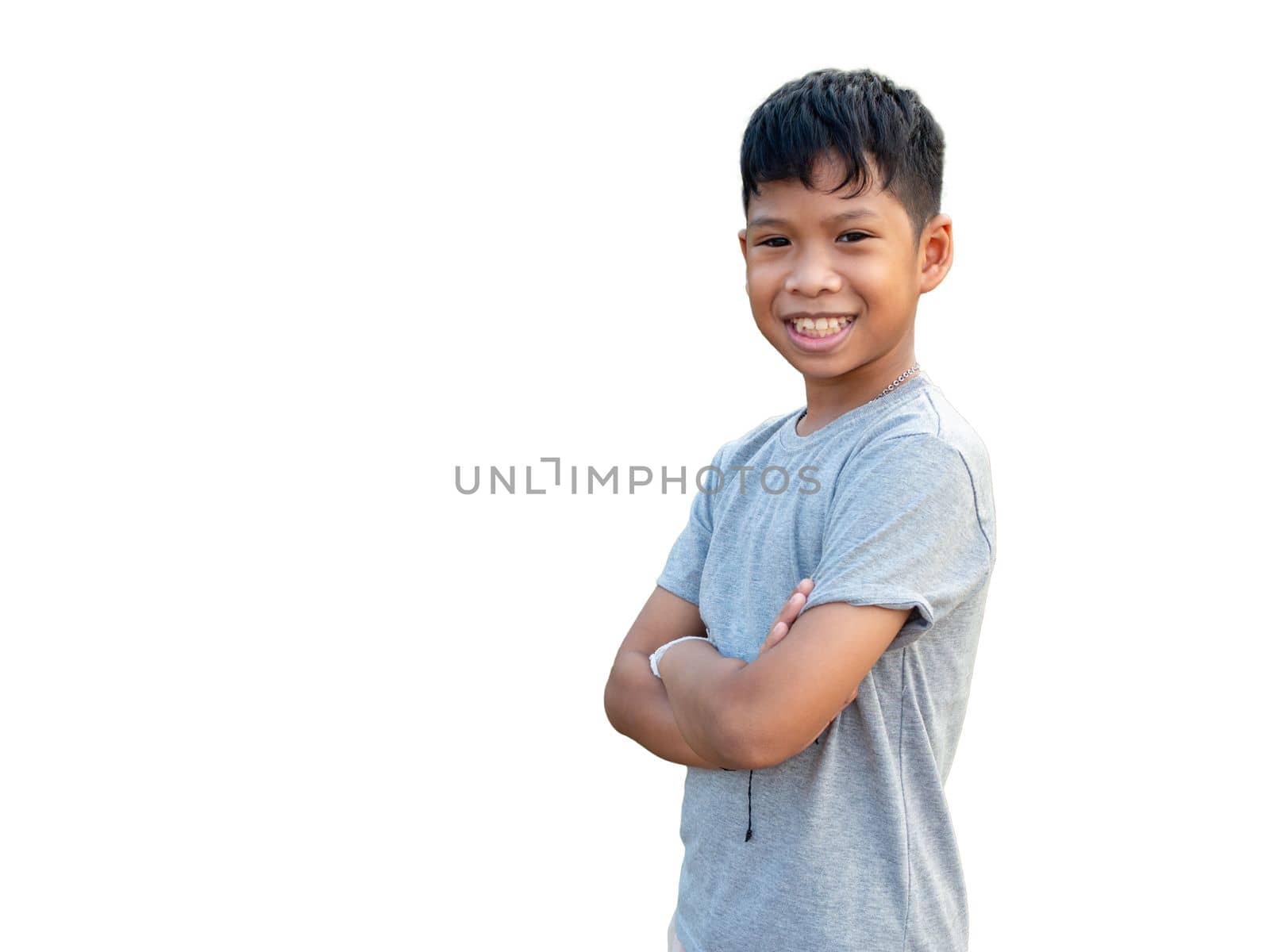 Portrait of smiling boy isolated on white background by Unimages2527