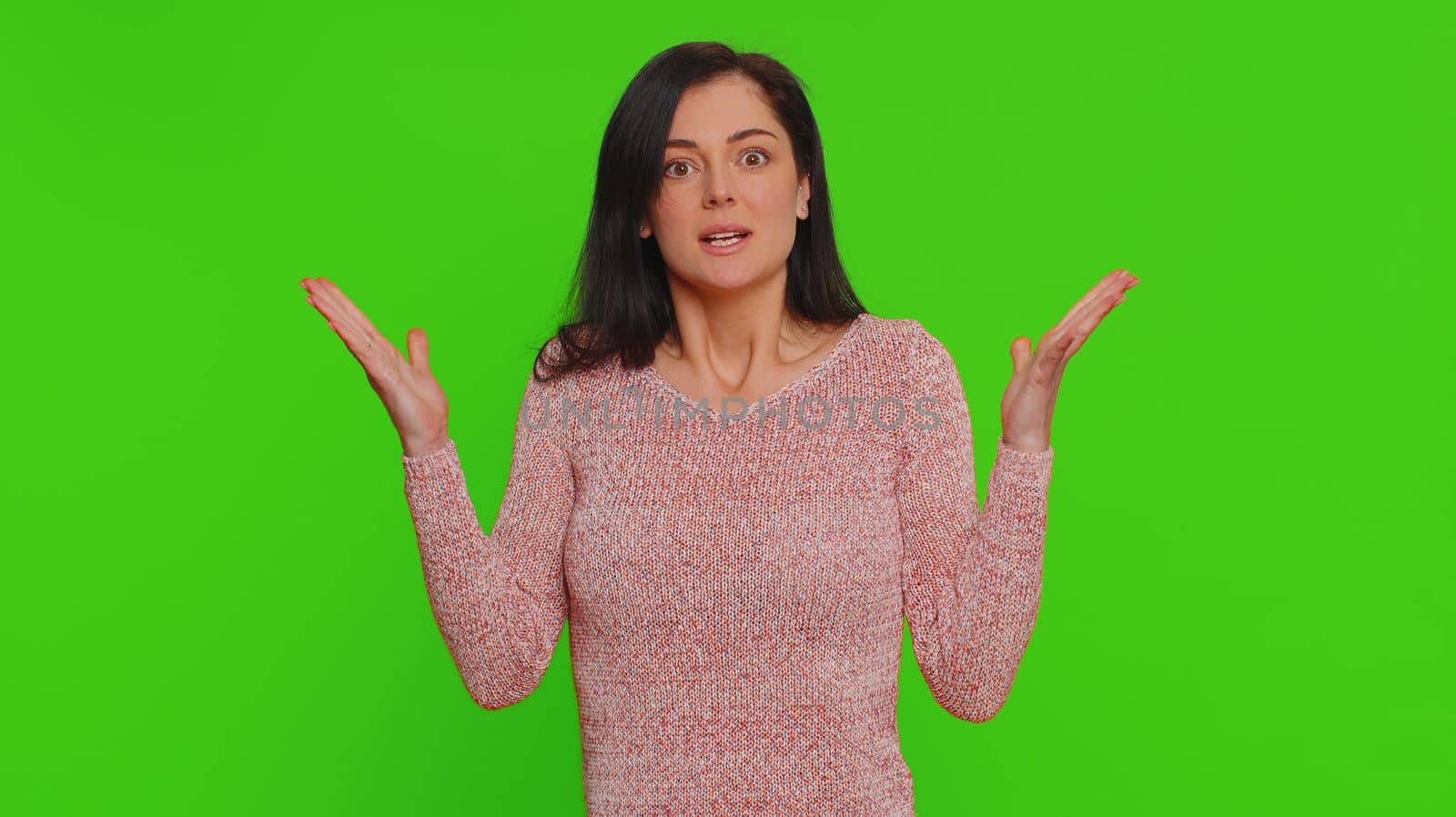 Young pretty woman feeling hopelessness loneliness, nervous breakdown, loses becoming surprised by lottery results, bad fortune, loss, unlucky news. Caucasian girl isolated on chroma key background