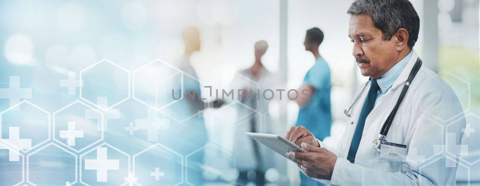 Health in doctor, tablet and technology transformation overlay, digital healthcare system and online medical info. Hospital data, senior physician in medicine mockup, tech innovation and research.