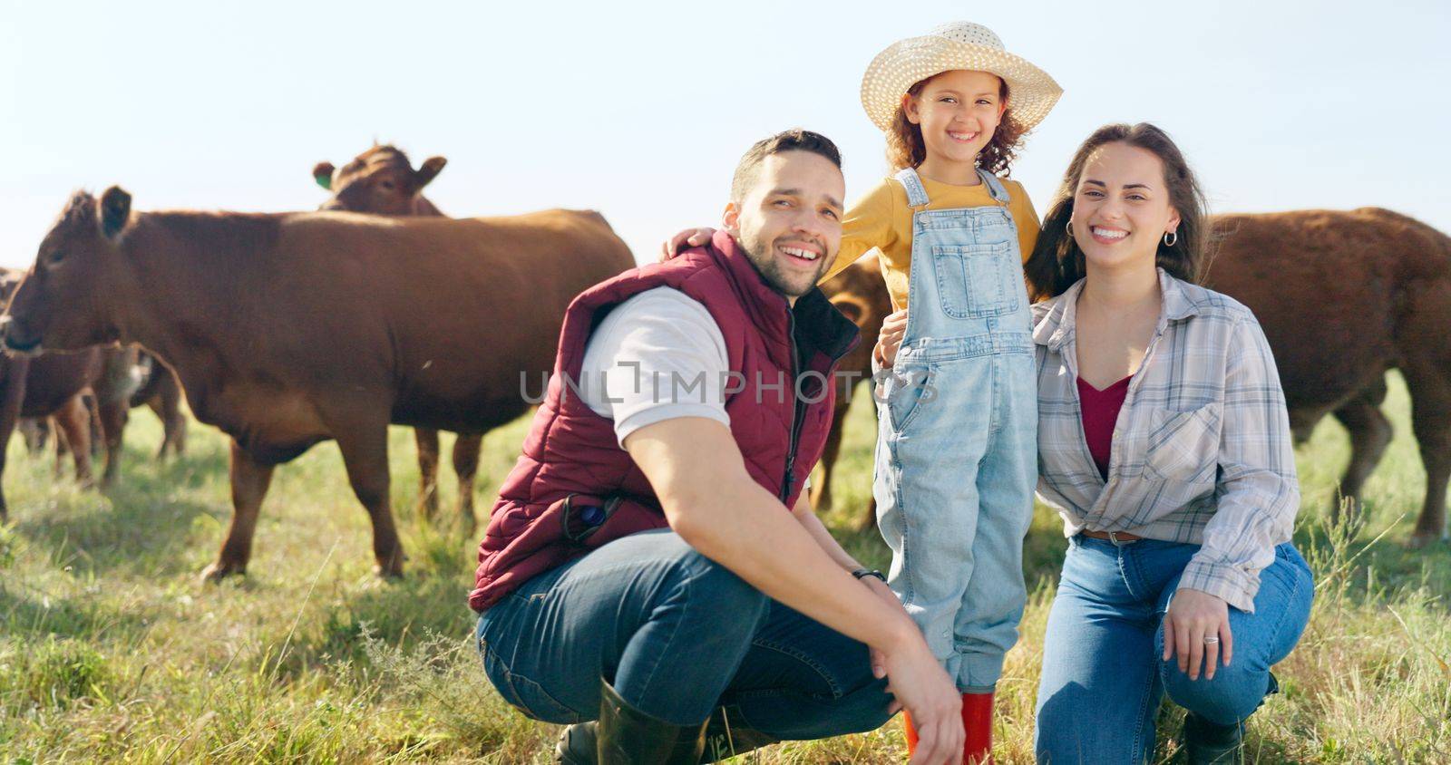 Farm, portrait and family bonding in nature, looking at animals and learning about livestock. Farming, agriculture and farmer parents bonding with girl on sustainable cattle business, relax and happy.