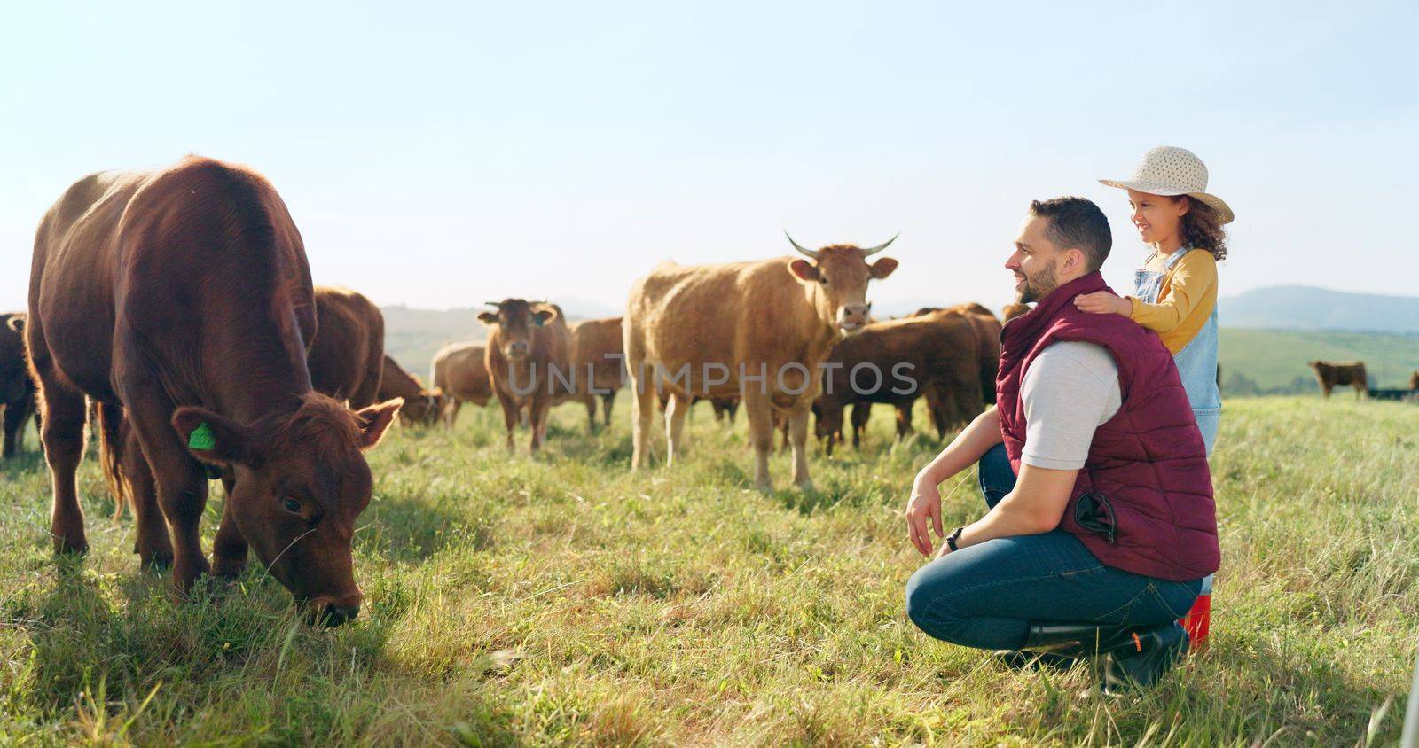 Farmer, family and girl and father bonding in the countryside, learning about cattle farming and livestock care. Sustainability, child and parent enjoy conversation about animals and relax in nature by YuriArcurs