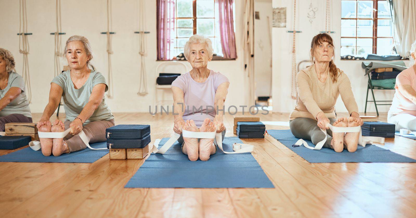 Yoga, exercise and senior women for balance, peace and wellness in a zen health studio together. Fitness, retirement and elderly friends doing a pilates workout for mind, body and spiritual wellness