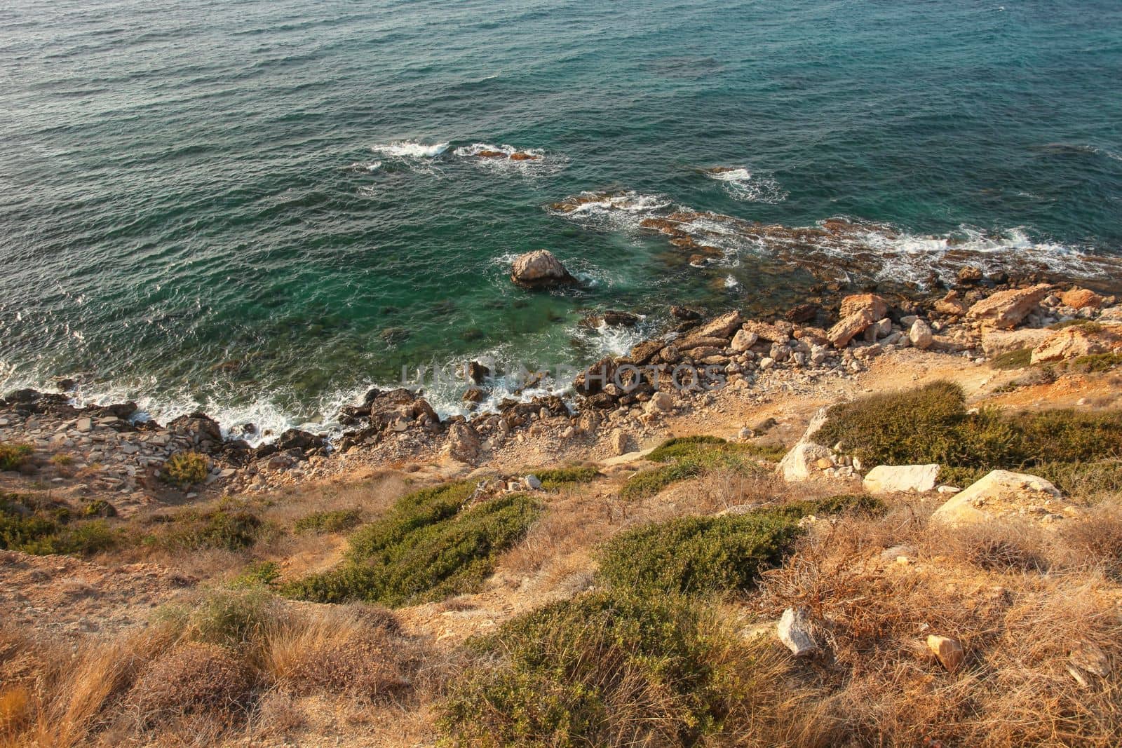 View from steep sea shore hill covered with grass, rocks and deep blue ocean water in background. Karpass, Northern Cyprus