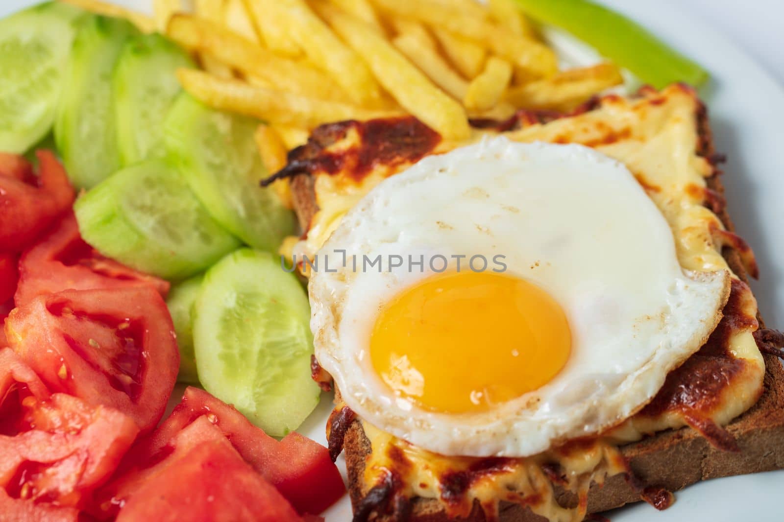 Breakfast. French cuisine. Croque madame sandwich close up on the table. High quality photo