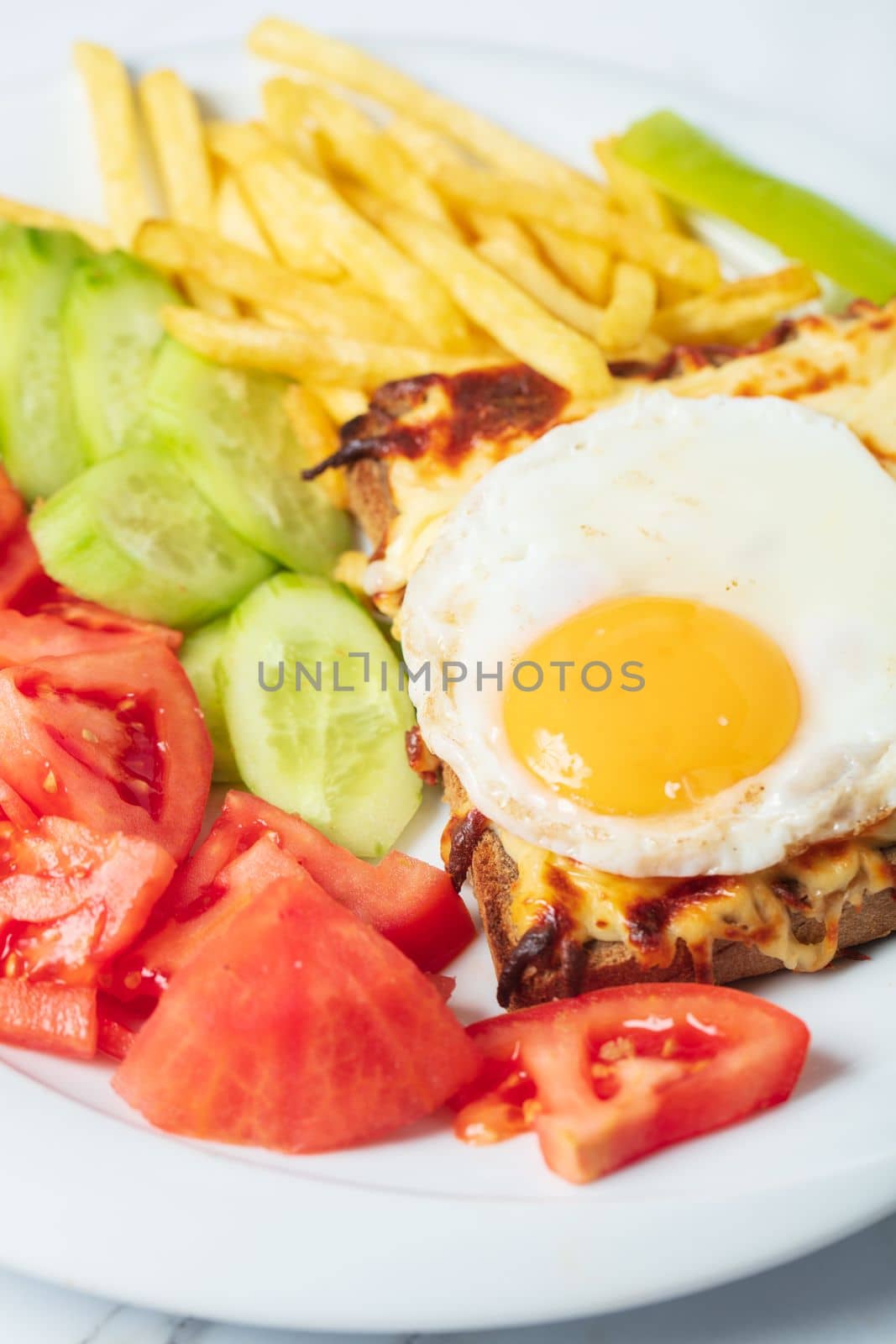 Breakfast. French cuisine. Croque madame sandwich close up on the table. High quality photo