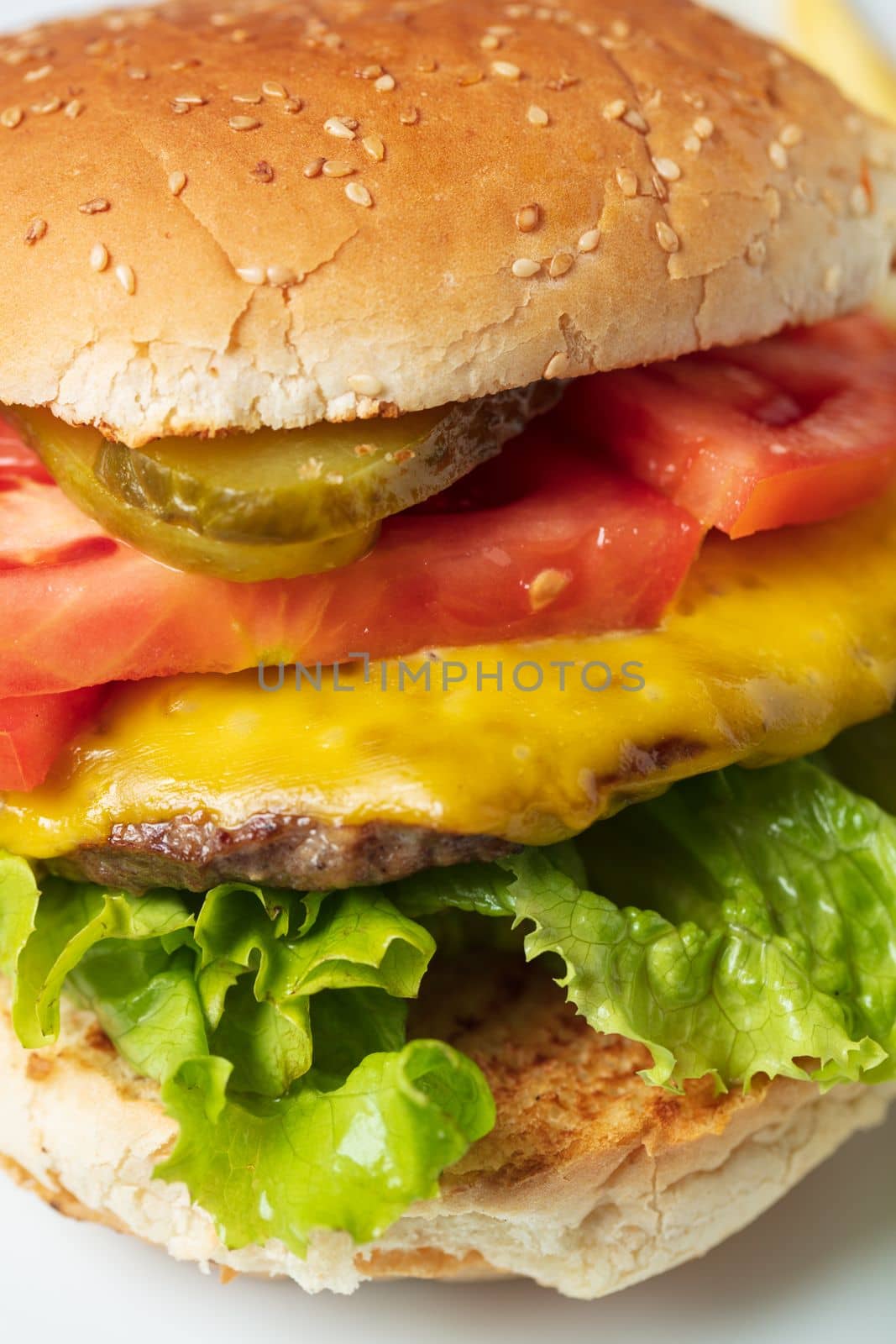 Cheeseburger with tomato and lettuce . High quality photo