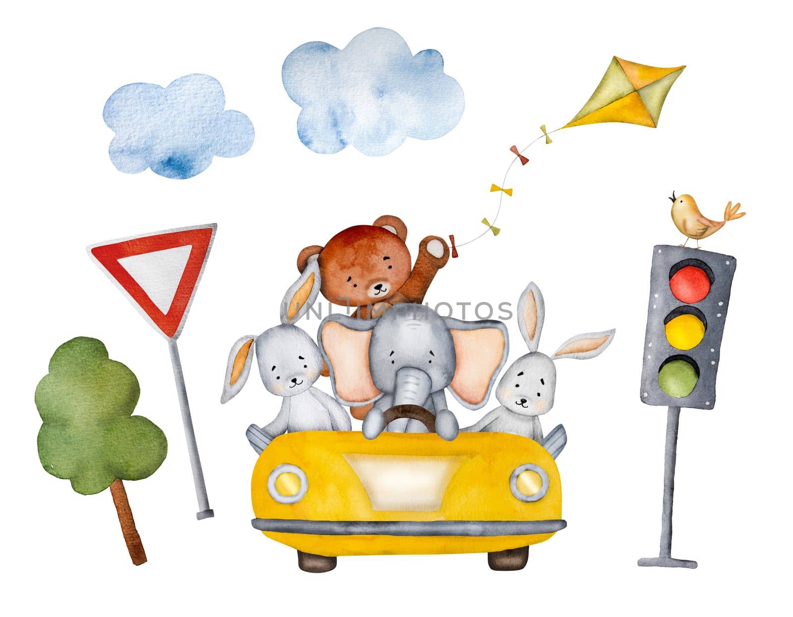 Cartoon bear, elephant and bunny in yellow car with bird and kite watercolor painting. Automobile transportation with cute animals, traffic lights and trees aquarelle travel illustration