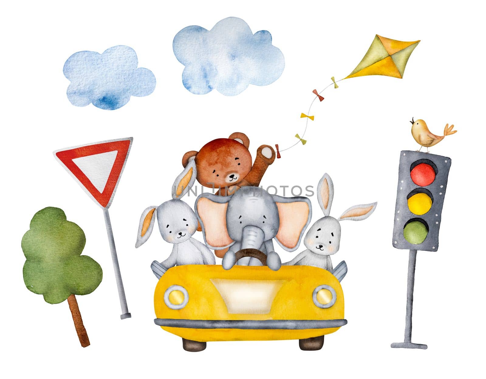 Cartoon animals in yellow car watercolor painting by tan4ikk1