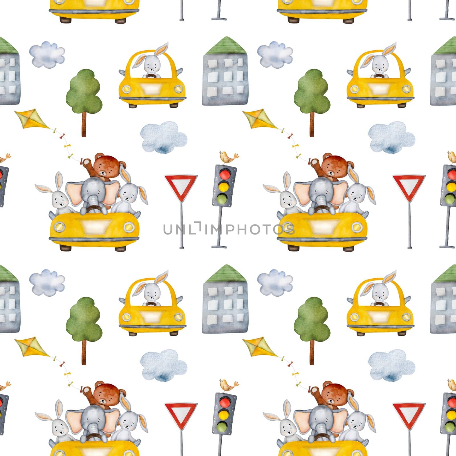 Cartoon bear, elephant and bunny in yellow car and buildings watercolor seamless pattern. Automobile transportation with cute animals, traffic lights and trees aquarelle travel illustration