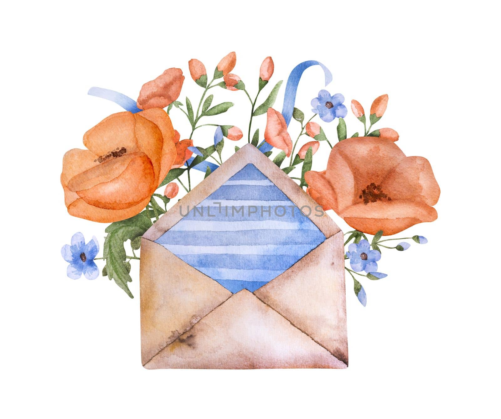 Vintage envelope with poppy flowers watercolor painting by tan4ikk1