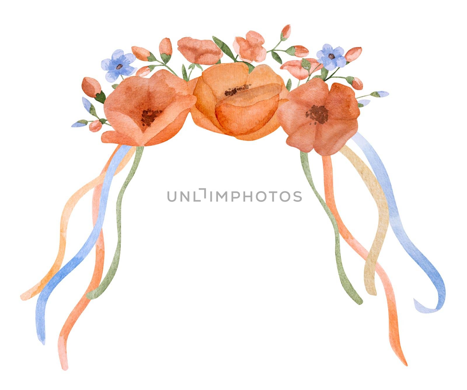 Floral watercolor spring wreath painting for postcard design and decoration with copy space. Traditional red flowers with ribbons on white background in aquarelle drawing
