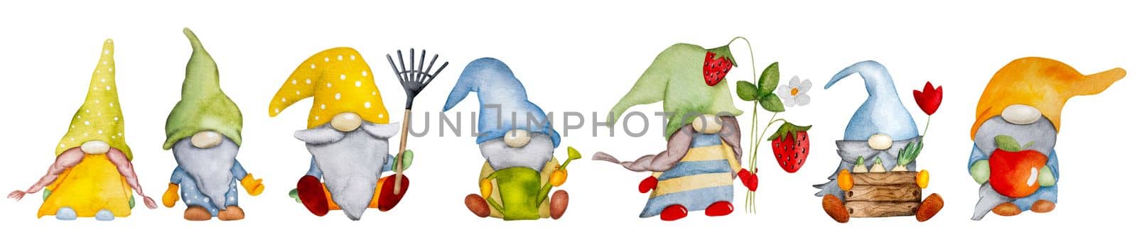 Watercolor hand drawn gnome dwarf set on white background for postcards. Troll elf aquarelle paintings collection