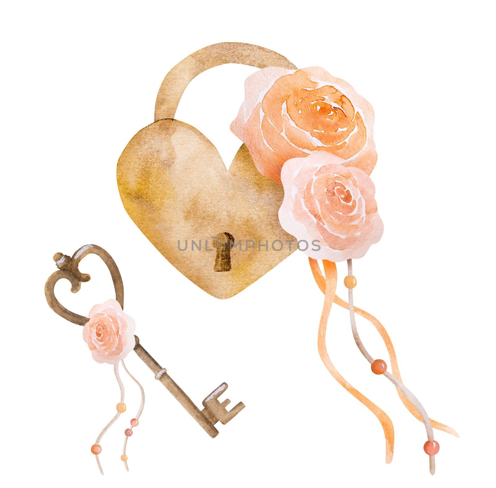 Heart lock with key and rose flowers watercolor wedding invitation painting. Boho style love drawing for romantic postcard