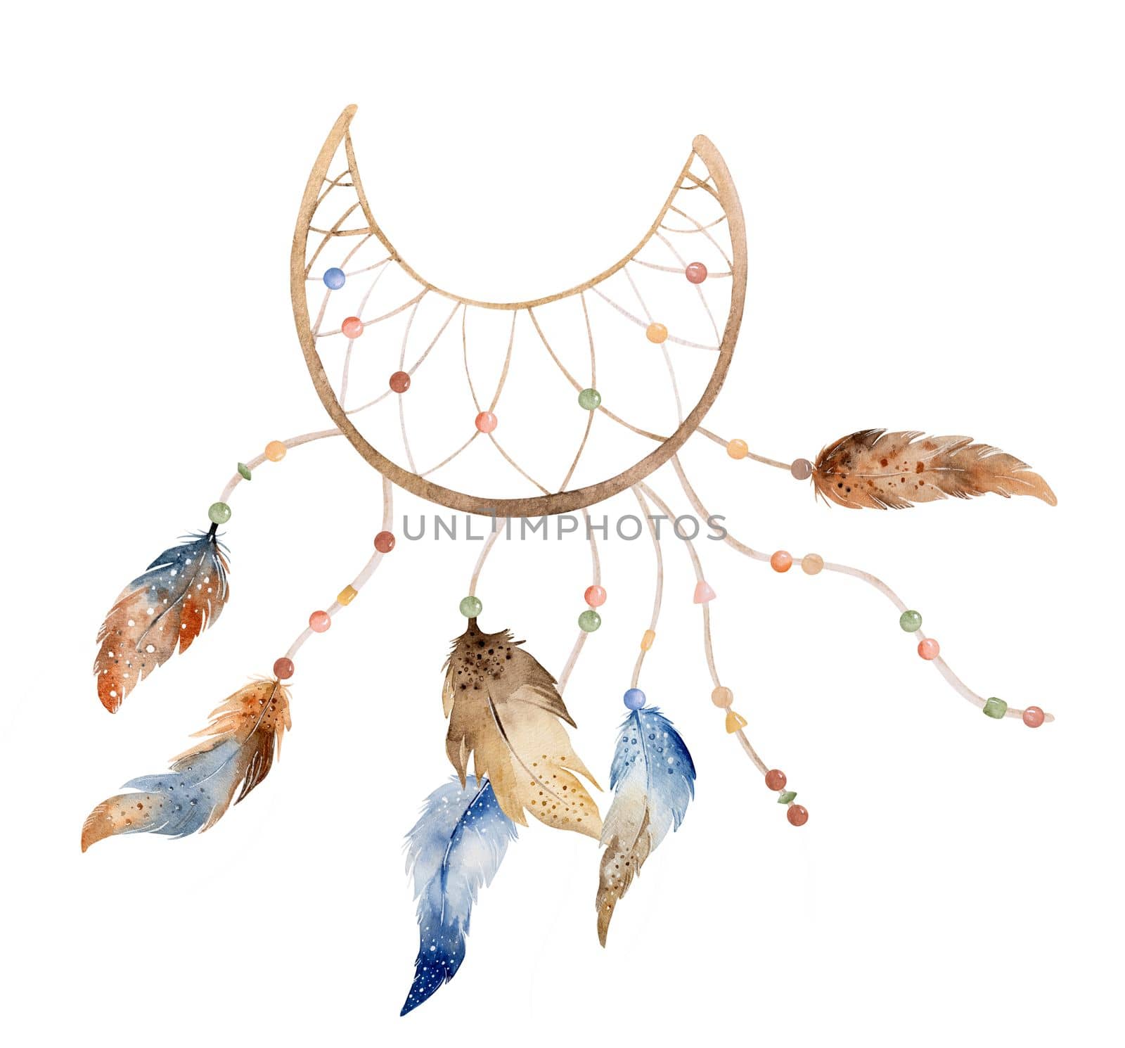 Tribal boho dreamcatcher watercolor ornament with aztec feathers and arrow. Traditional dream catcher ethnic wing painting