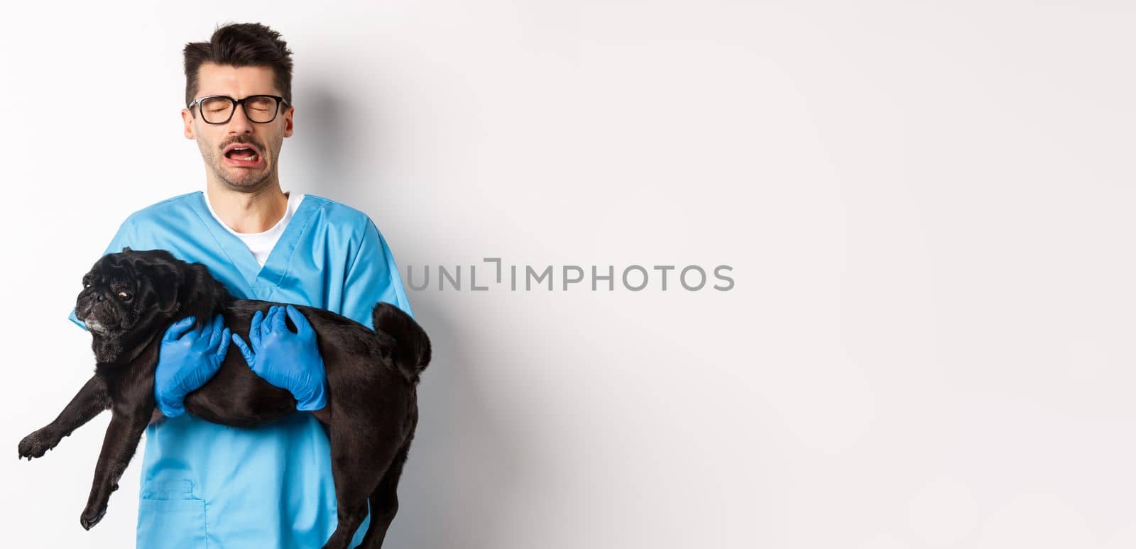 Vet clinic concept. Sad veterinarian holding black pug dog and crying, sobbing with miserable face, standing over white background.