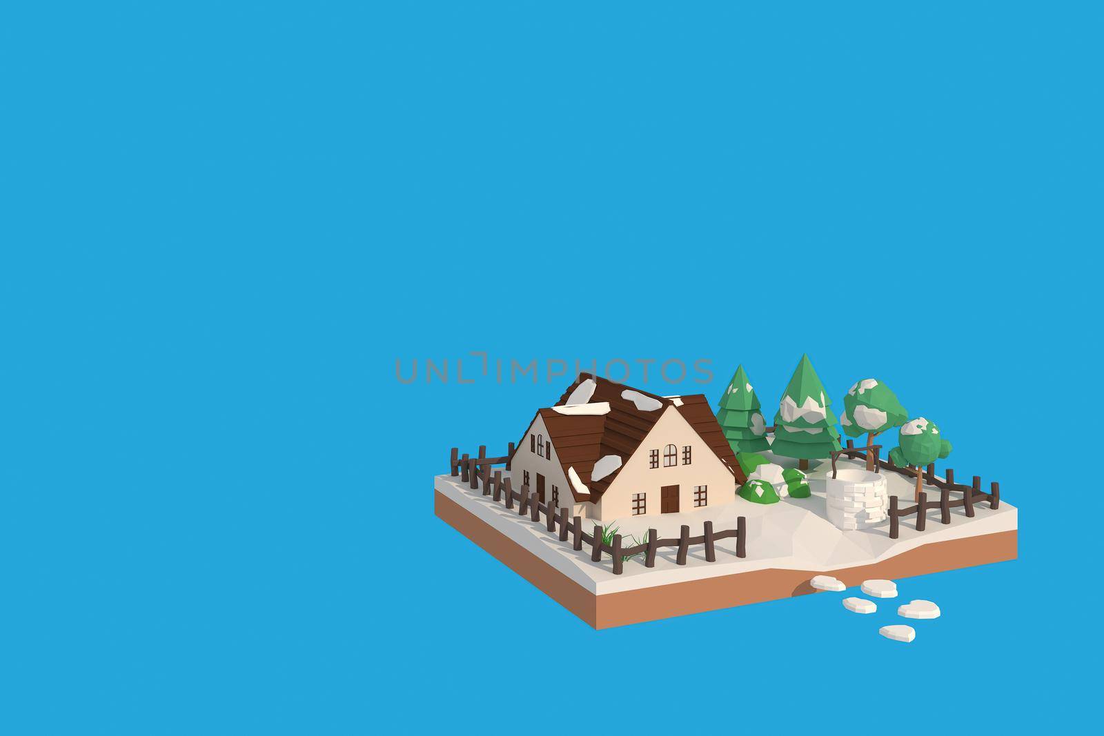 3D illustrator The house in winter. 3d rendering Low Polygon Geometry. Lowpoly Minimal Style Art.
