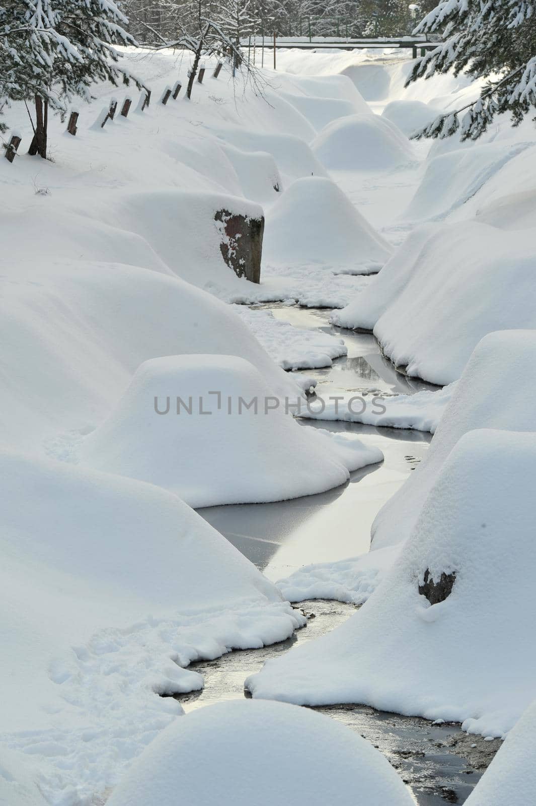 Winter landscape of a mountain river in the snow, around the forest.