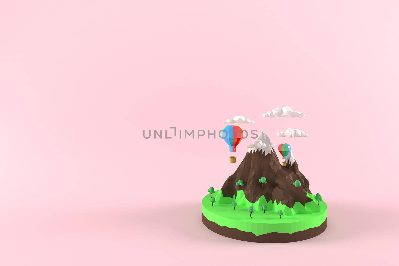 3D illustrator balloon over mountains. 3d rendering Low Polygon Geometry. Lowpoly Minimal Style Art.