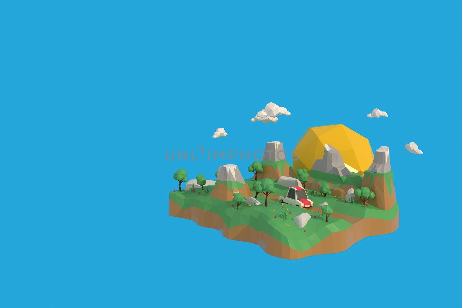 3D illustrator the sunset in the countryside, a cars driving on the road. 3d rendering Low Polygon Geometry. Lowpoly Minimal Style Art.