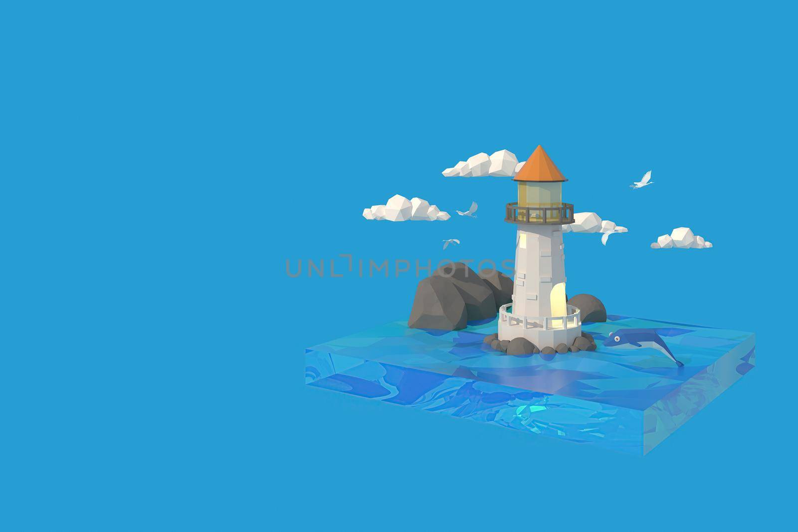 3D illustrator the lighthouse at sea. 3d rendering Low Polygon Geometry. Lowpoly Minimal Style Art.