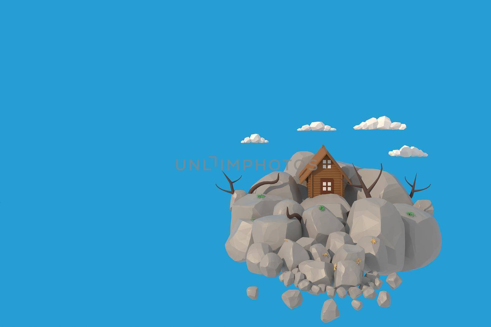 3D illustrator the house on rocky mountain. 3d rendering Low Polygon Geometry. Lowpoly Minimal Style Art.