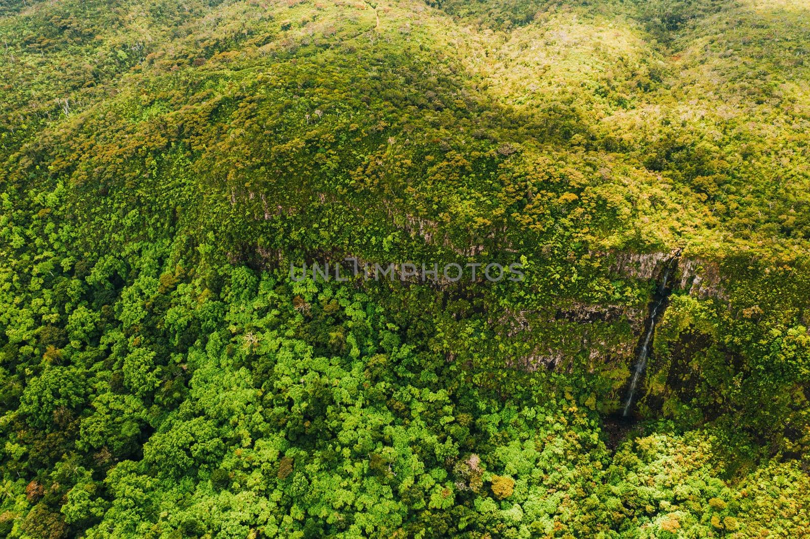 Bird's-eye view of the mountains and fields of the island of Mauritius.Landscapes Of Mauritius