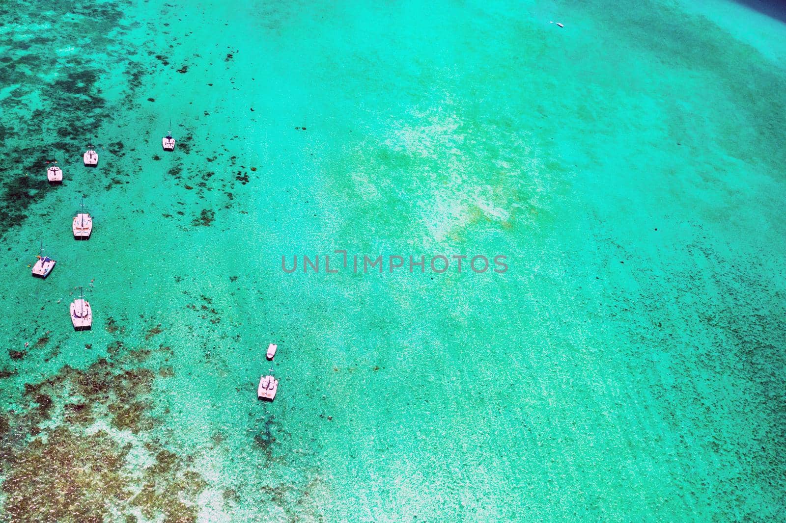 Aerial picture of the east coast of Mauritius Island. Beautiful lagoon of Mauritius Island shot from above. Boat sailing in turquoise lagoon by Lobachad