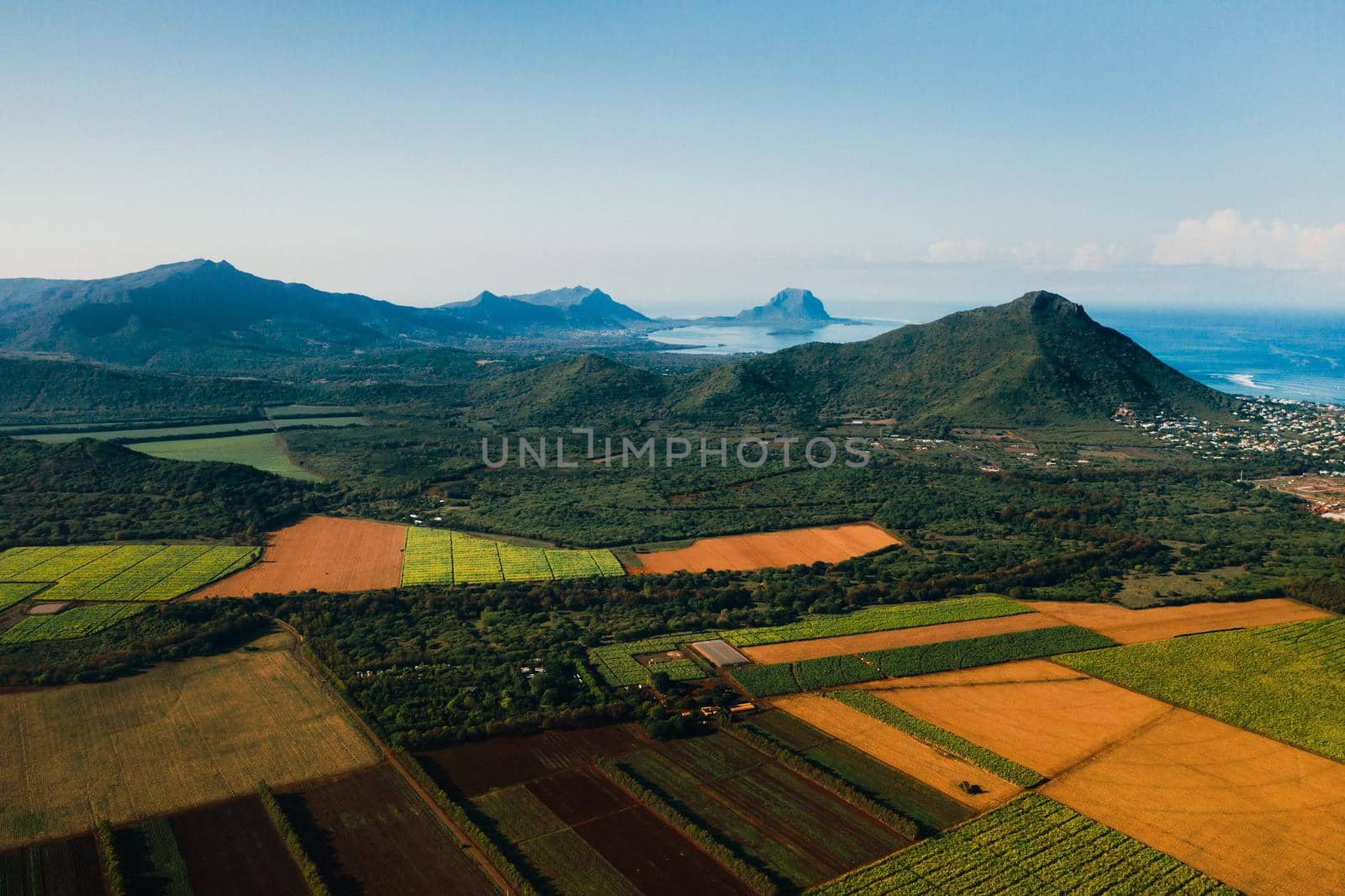Aerial photography of agricultural fields located on the island of Mauritius.Mauritius.