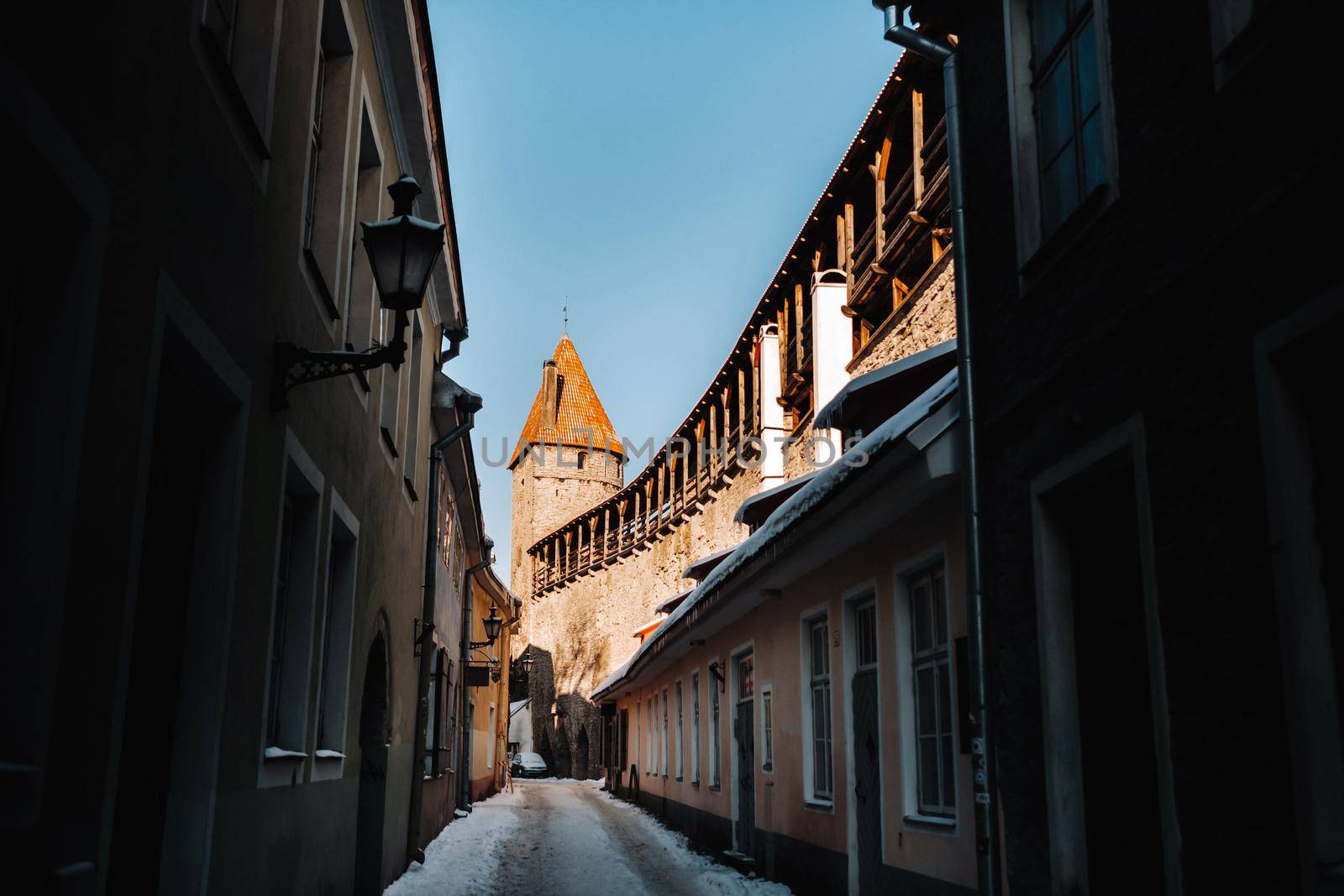 Winter View of the old town of Tallinn.Snow-covered city near the Baltic sea. Estonia.