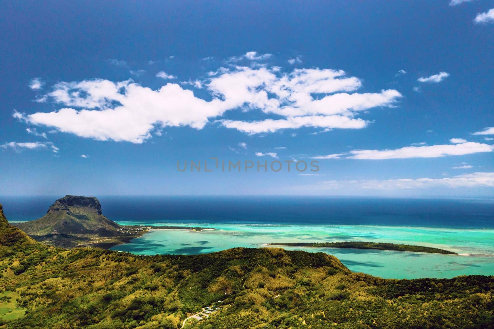 Aerial view of Le Morne Brabant mountain which is in the World Heritage list of the UNESCO.