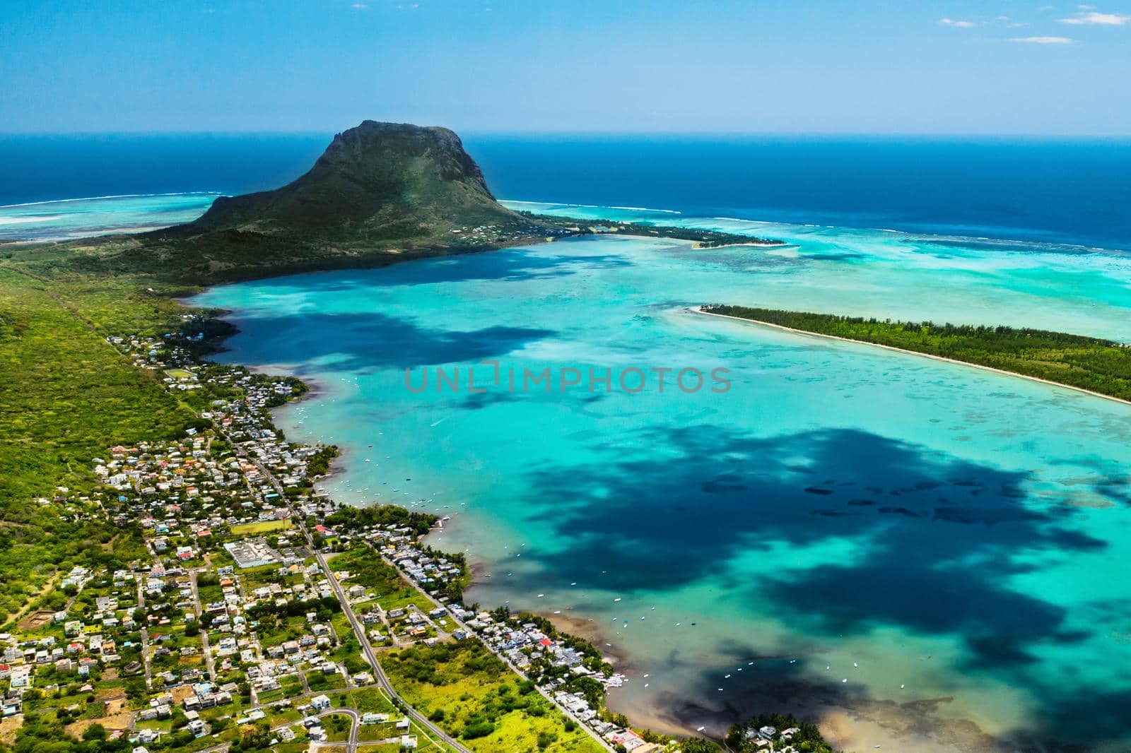 Aerial view of Le Morne Brabant mountain which is in the World Heritage list of the UNESCO by Lobachad