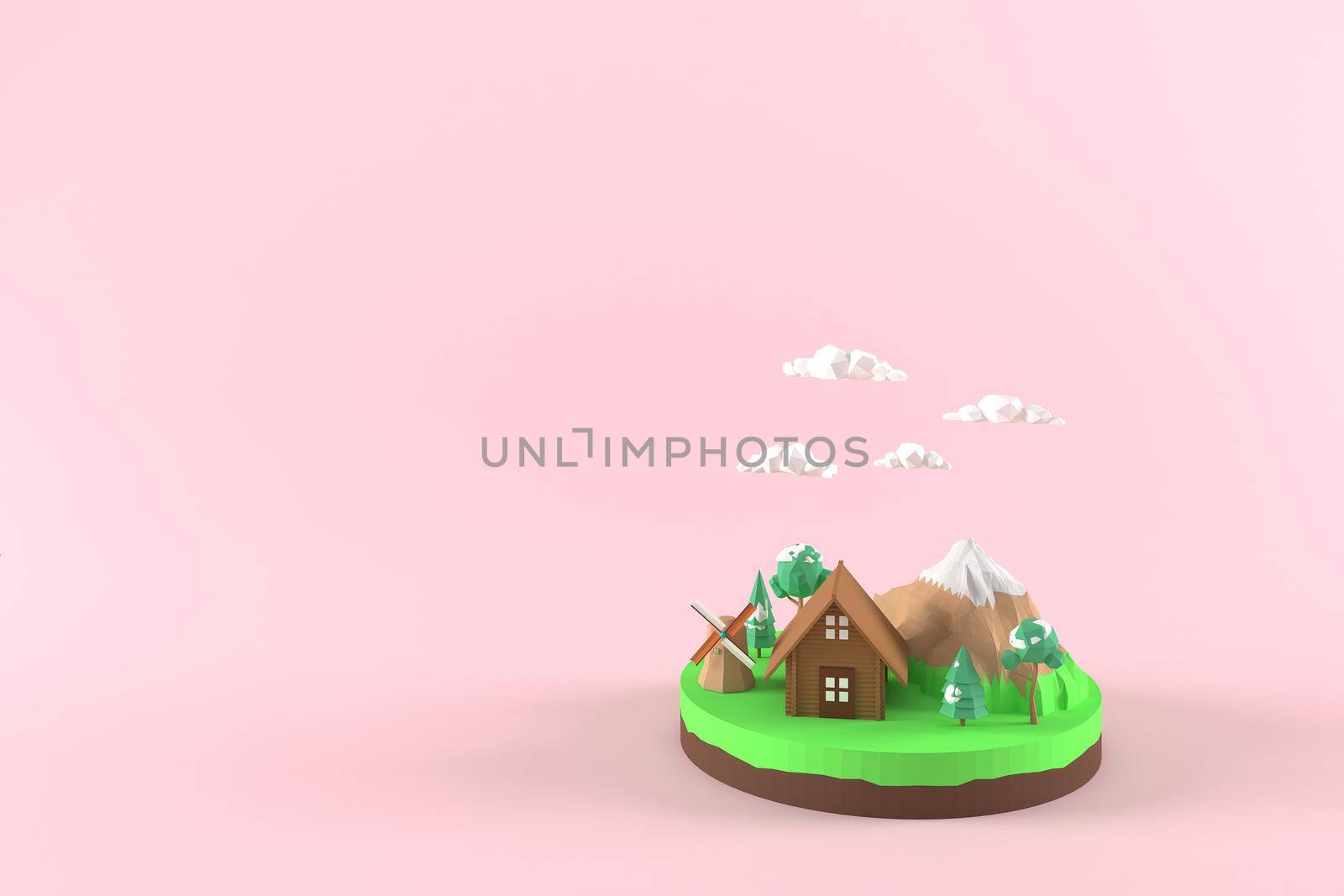 3D illustrator country house with windmill. 3d rendering Low Polygon Geometry. Lowpoly Minimal Style Art.