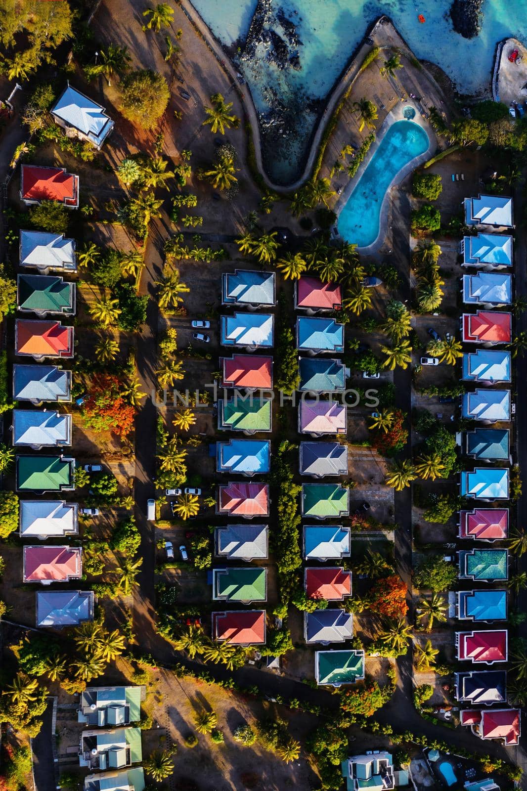 Bird's-eye view of the hotel complex. Grey part of the island of Mauritius by Lobachad