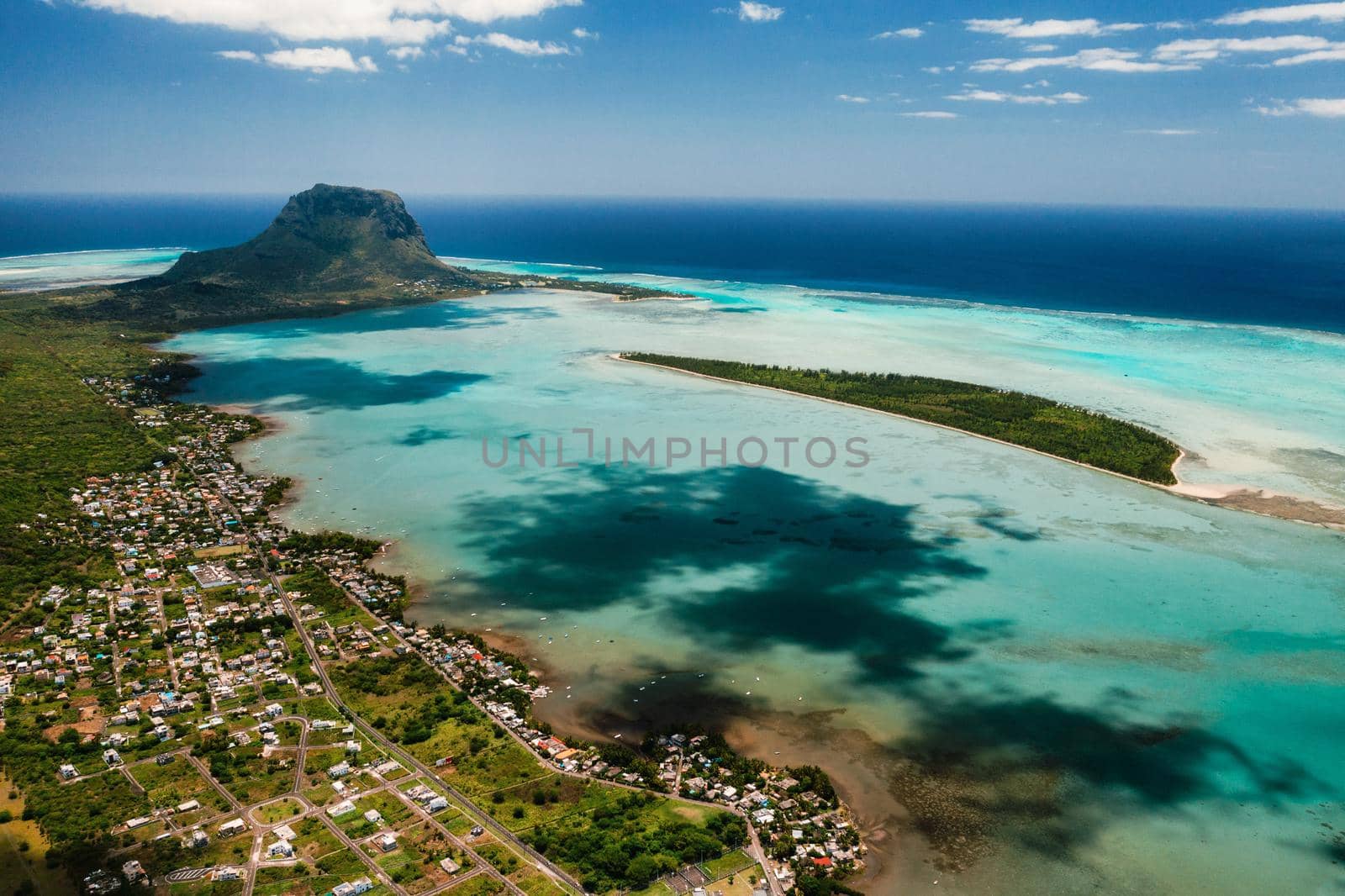Aerial view of Le Morne Brabant mountain which is in the World Heritage list of the UNESCO.