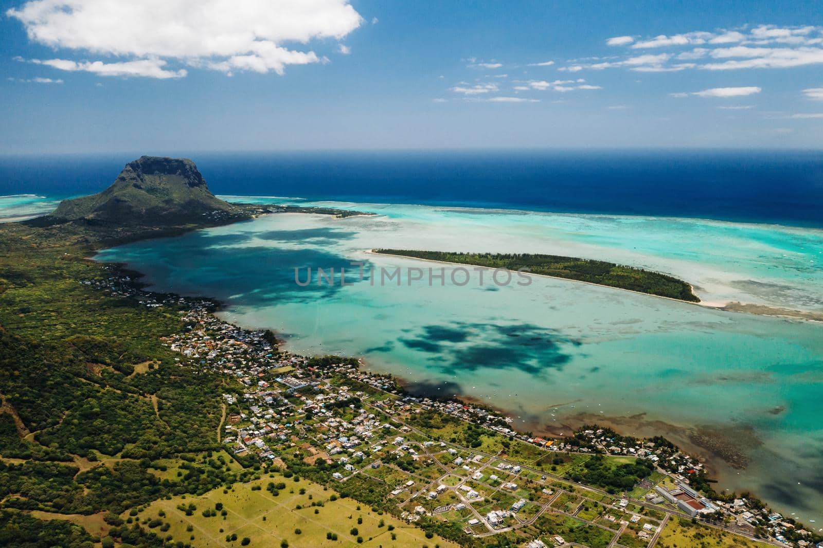 Aerial view of Le Morne Brabant mountain which is in the World Heritage list of the UNESCO.