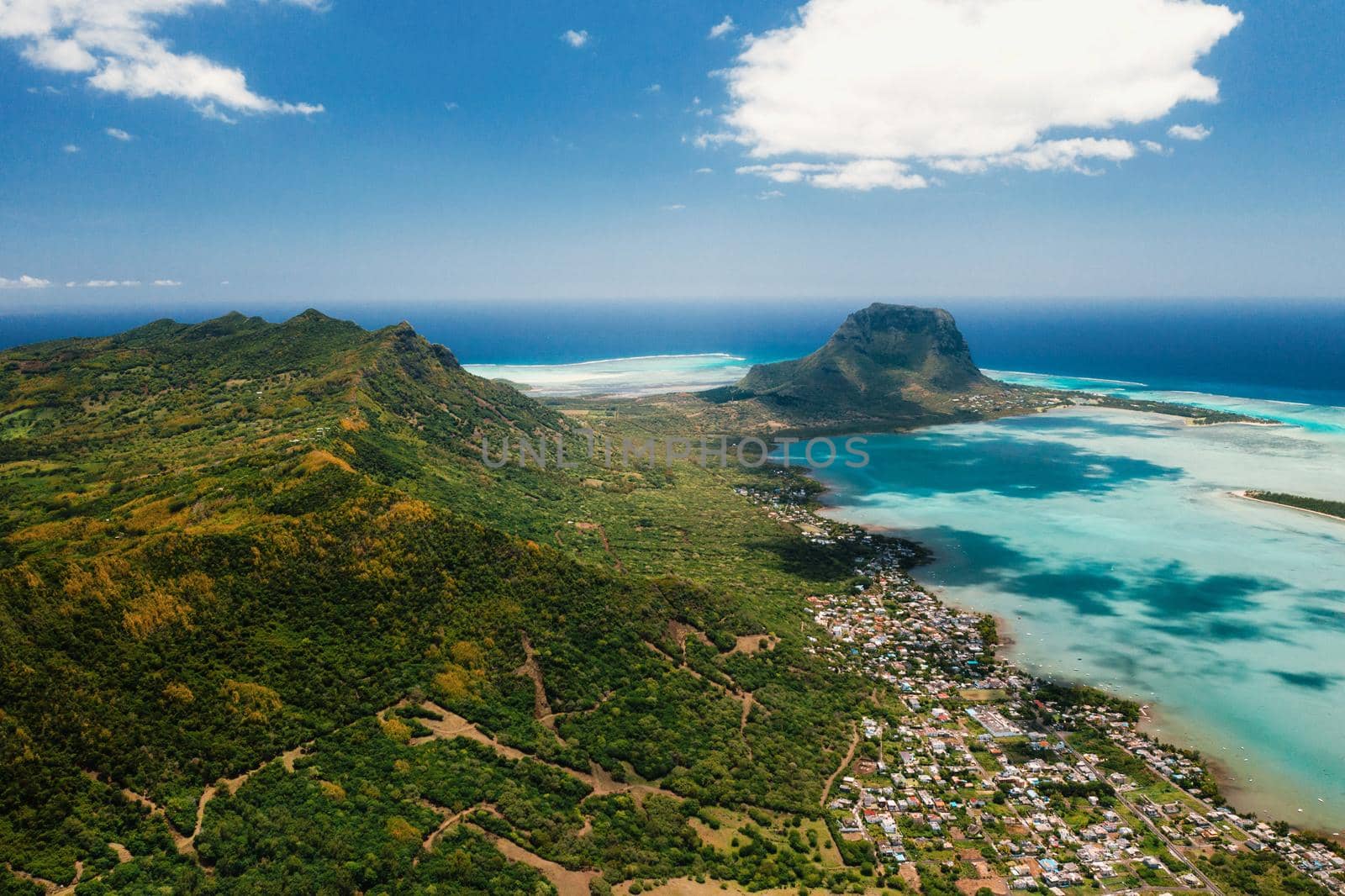 Aerial view of Le Morne Brabant mountain which is in the World Heritage list of the UNESCO by Lobachad