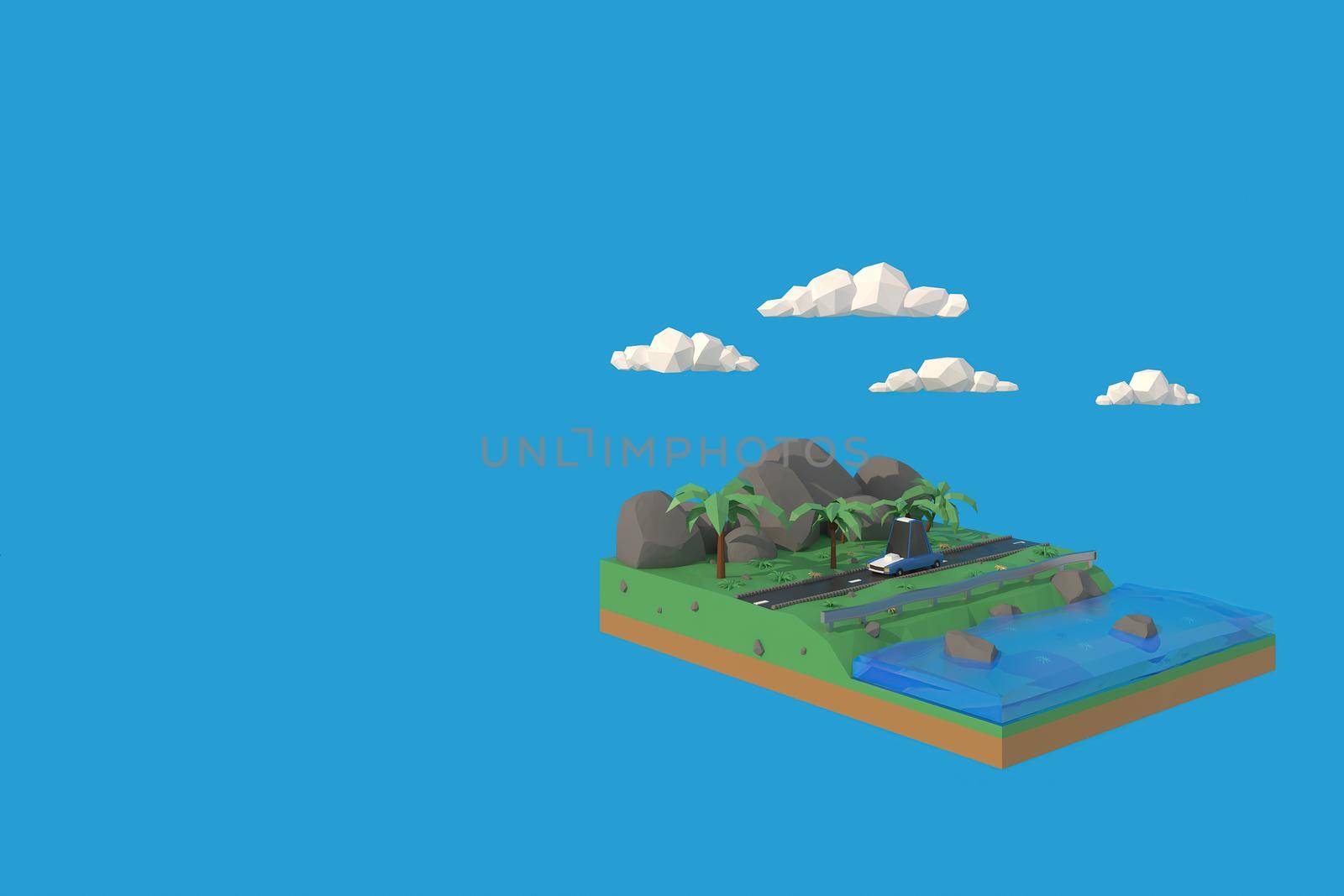 3D illustrator the car running on road. 3d rendering Low Polygon Geometry. Lowpoly Minimal Style Art.