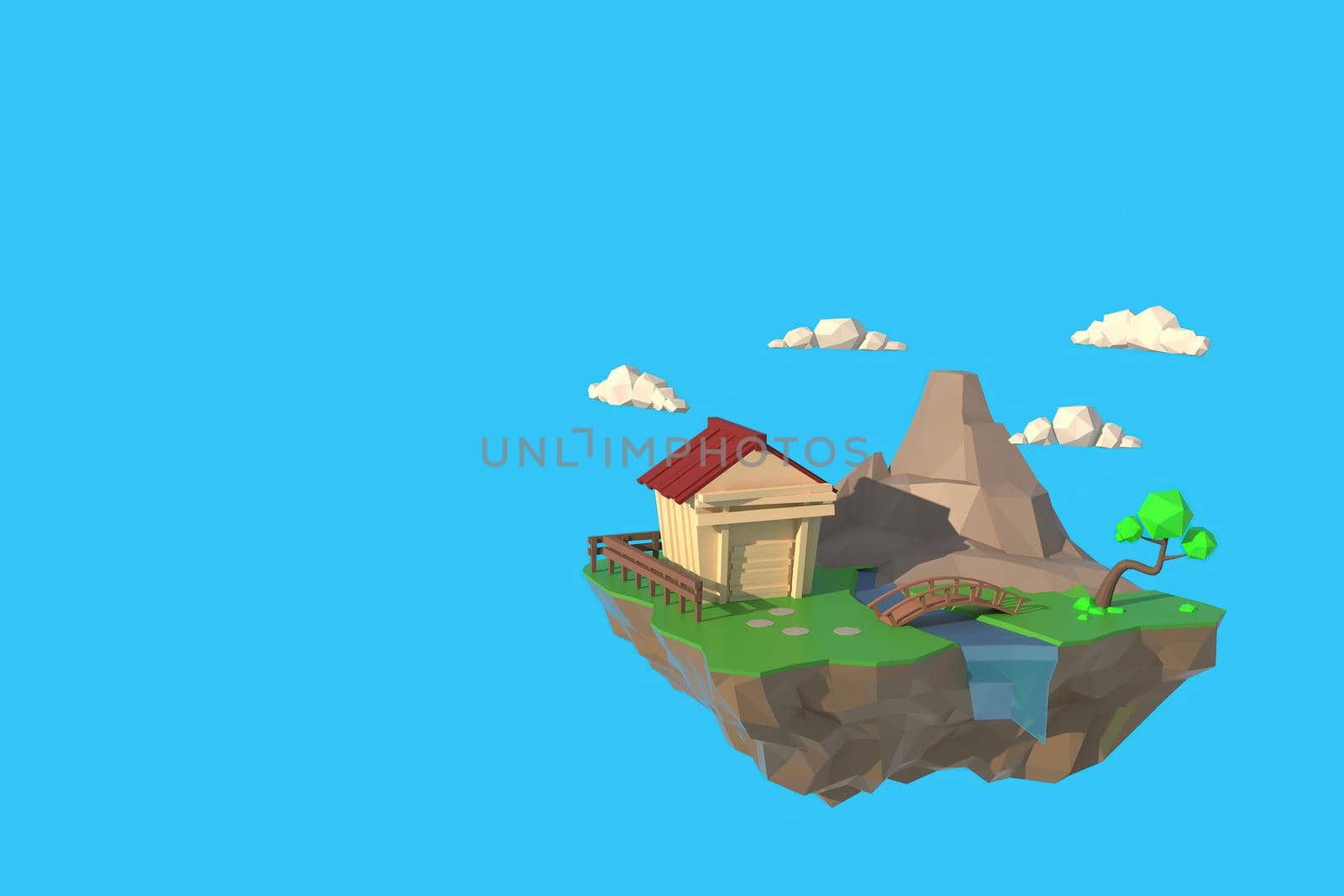 3D illustrator small house near the mountain. 3d rendering Low Polygon Geometry. Lowpoly Minimal Style Art.