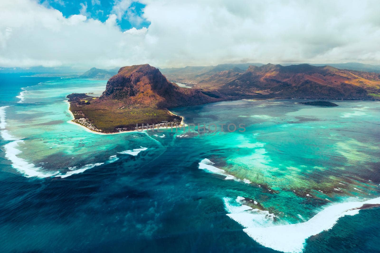 A bird's-eye view of Le Morne Brabant, a UNESCO world heritage site.Coral reef of the island of Mauritius.