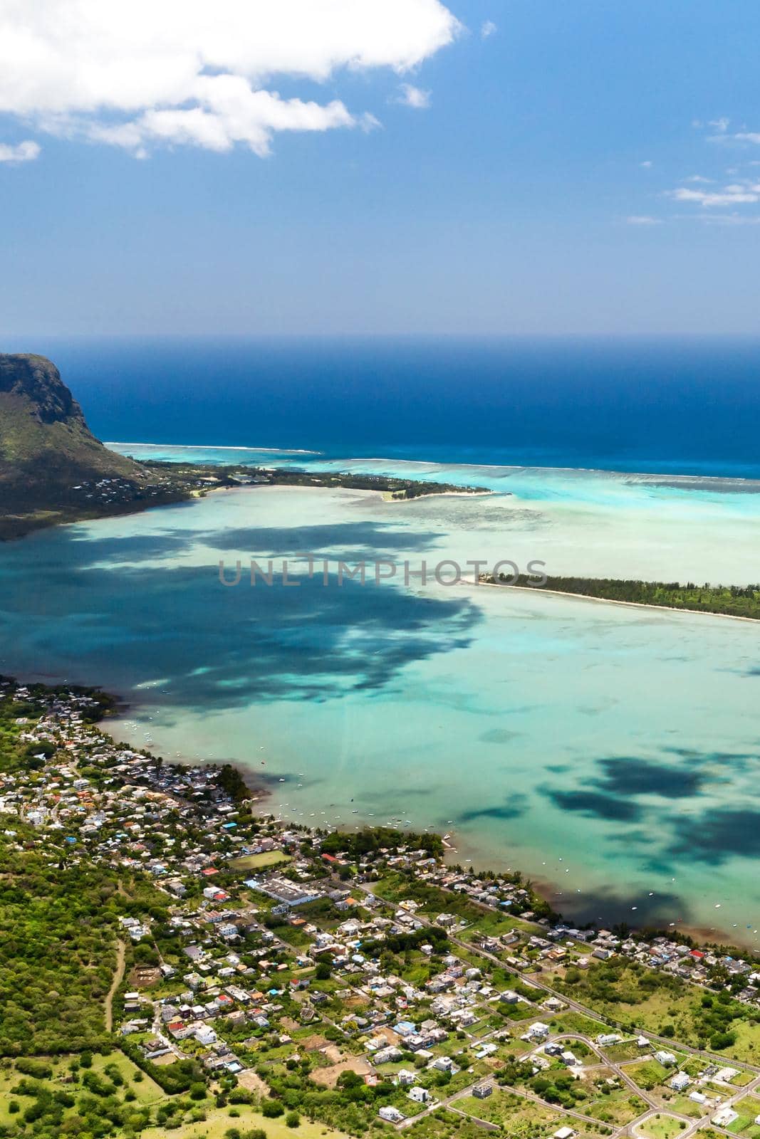 Bird's eye view of Mount Le Morne Brabant on the island of Mauritius.